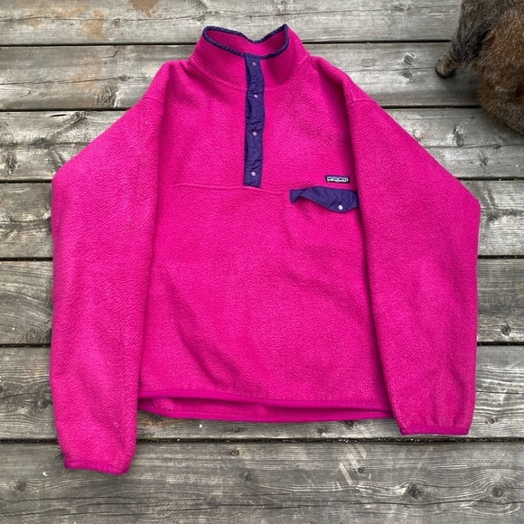 Vintage 90s Patagonia Snap Fleece Sweater Large Pink - Picture 1 of 15